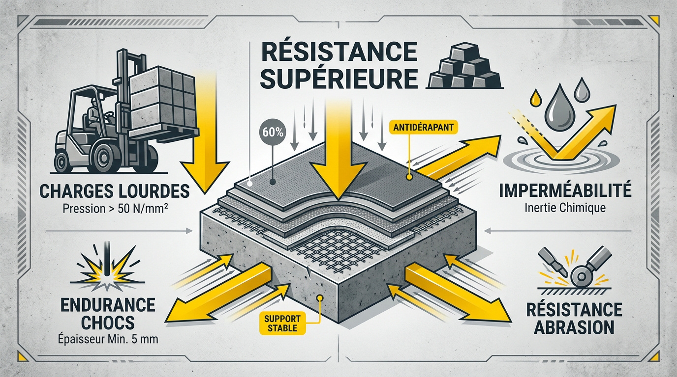 Infographie sur la structure multicouche des sols industriels haute performance