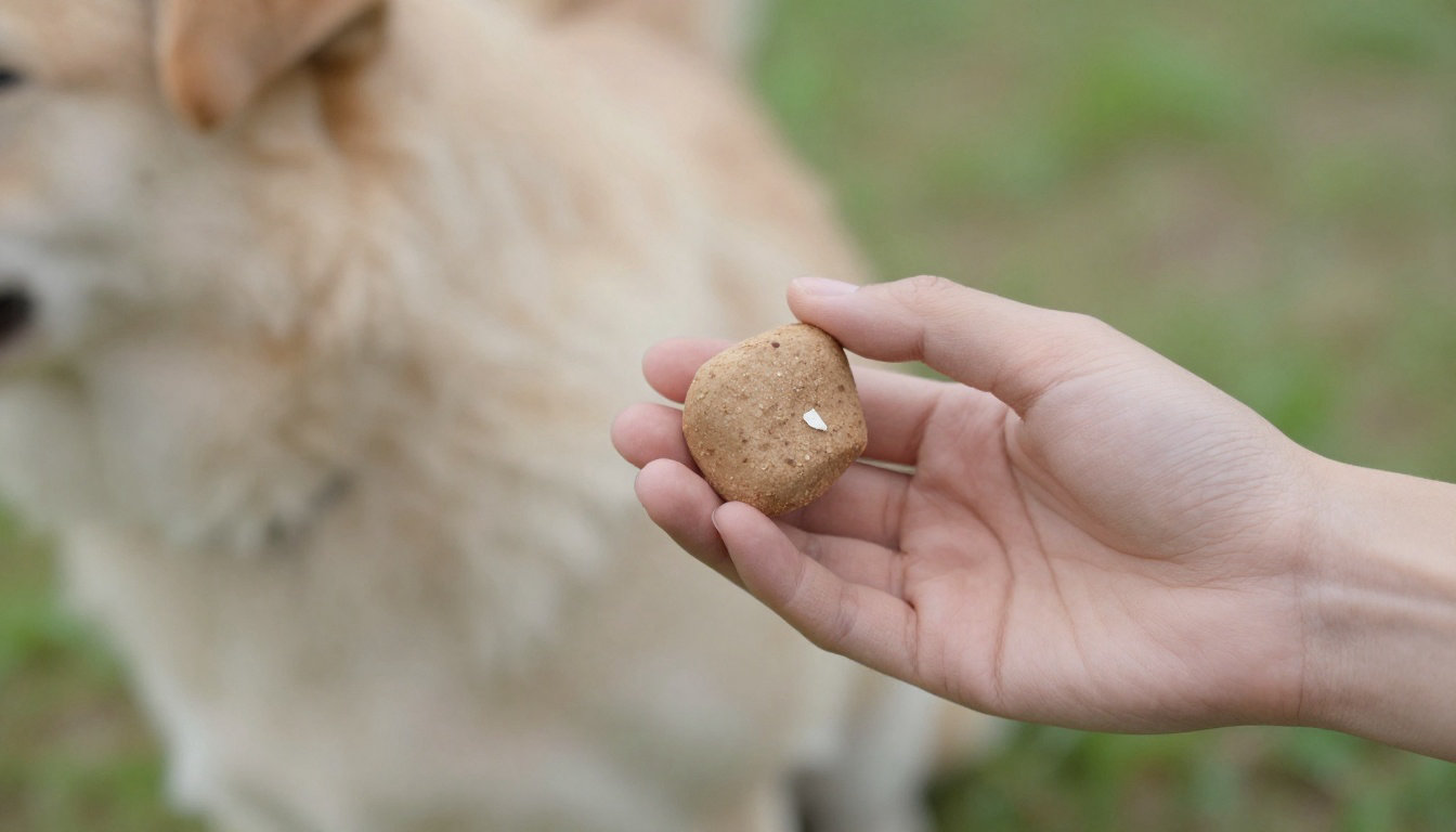 Maître tenant une friandise pour guider son chien sur le flanc, technique du leurre