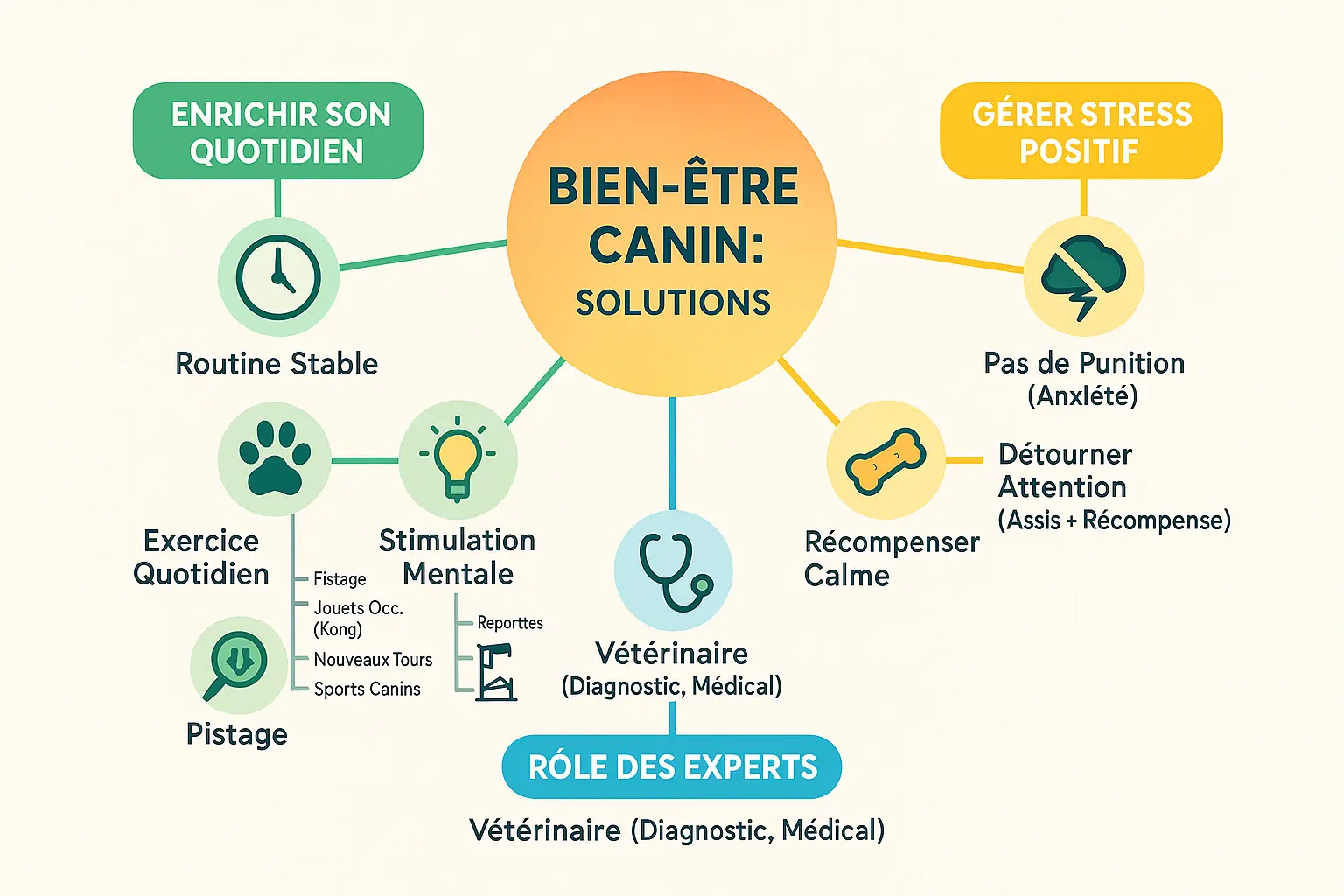 Illustration d'un chien en bonne santé, entouré d'accessoires de stimulation mentale et physique