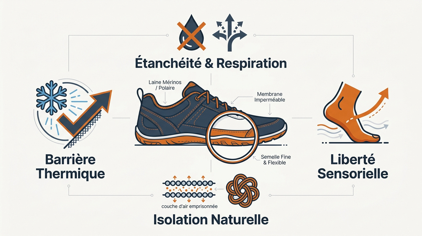 Chaussures barefoot d'hiver avec doublure isolante et semelle flexible pour la marche dans le froid