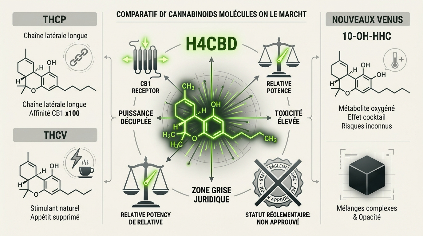 Tableau comparatif des néo-cannabinoïdes H4CBD, THCP et CBD naturel