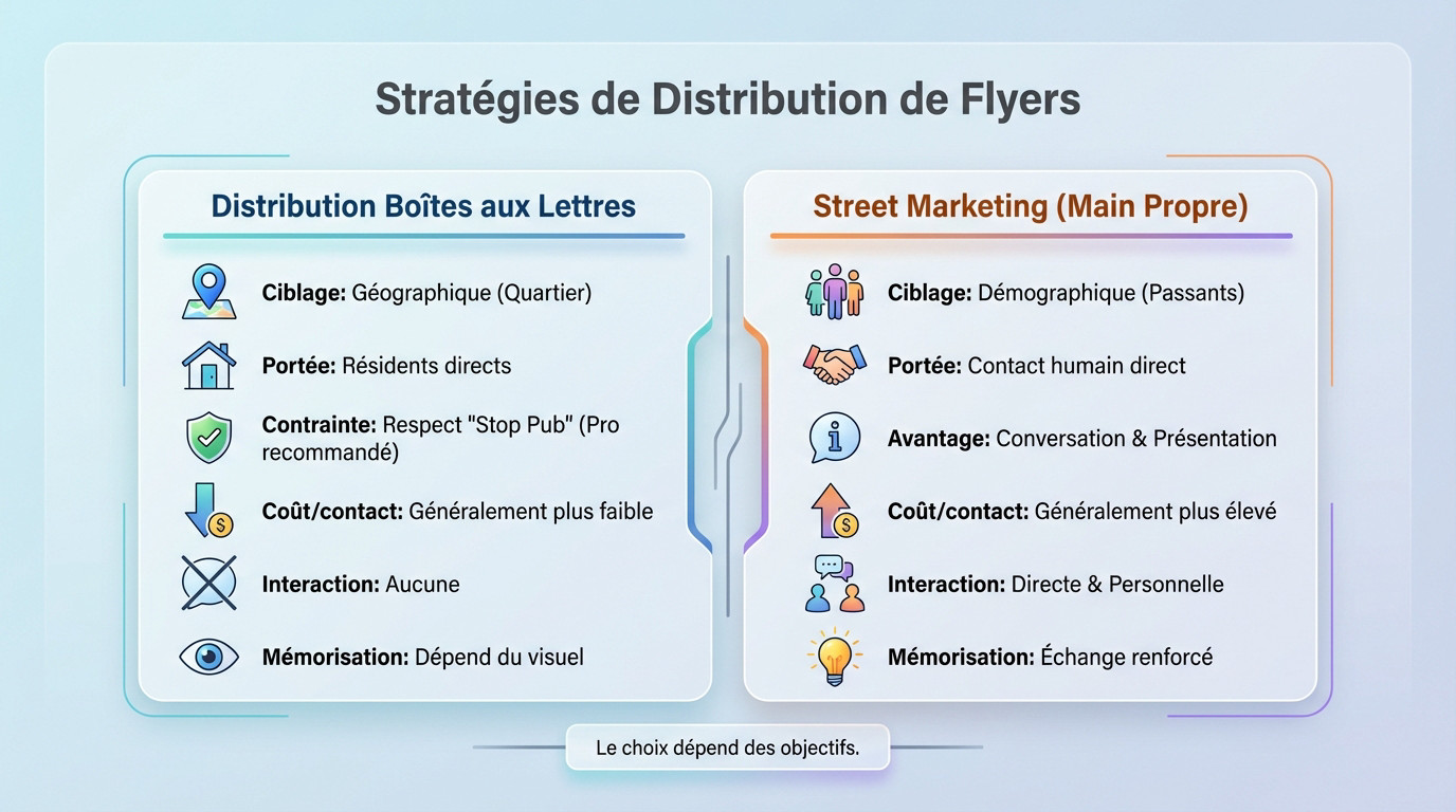 Comparaison des stratégies de distribution de flyers : boîtes aux lettres vs main propre