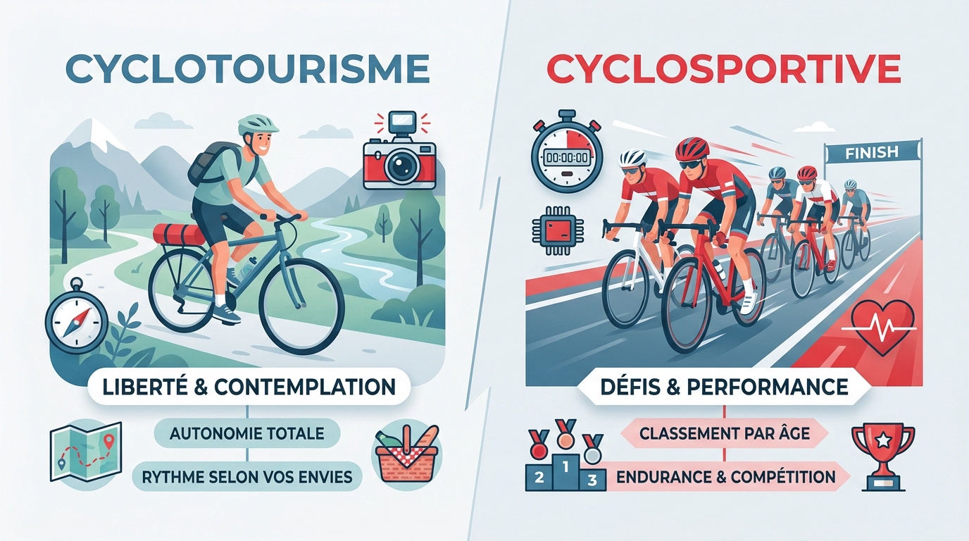 Comparaison visuelle entre un cyclotouriste en mode voyage et un cyclosportif en plein effort