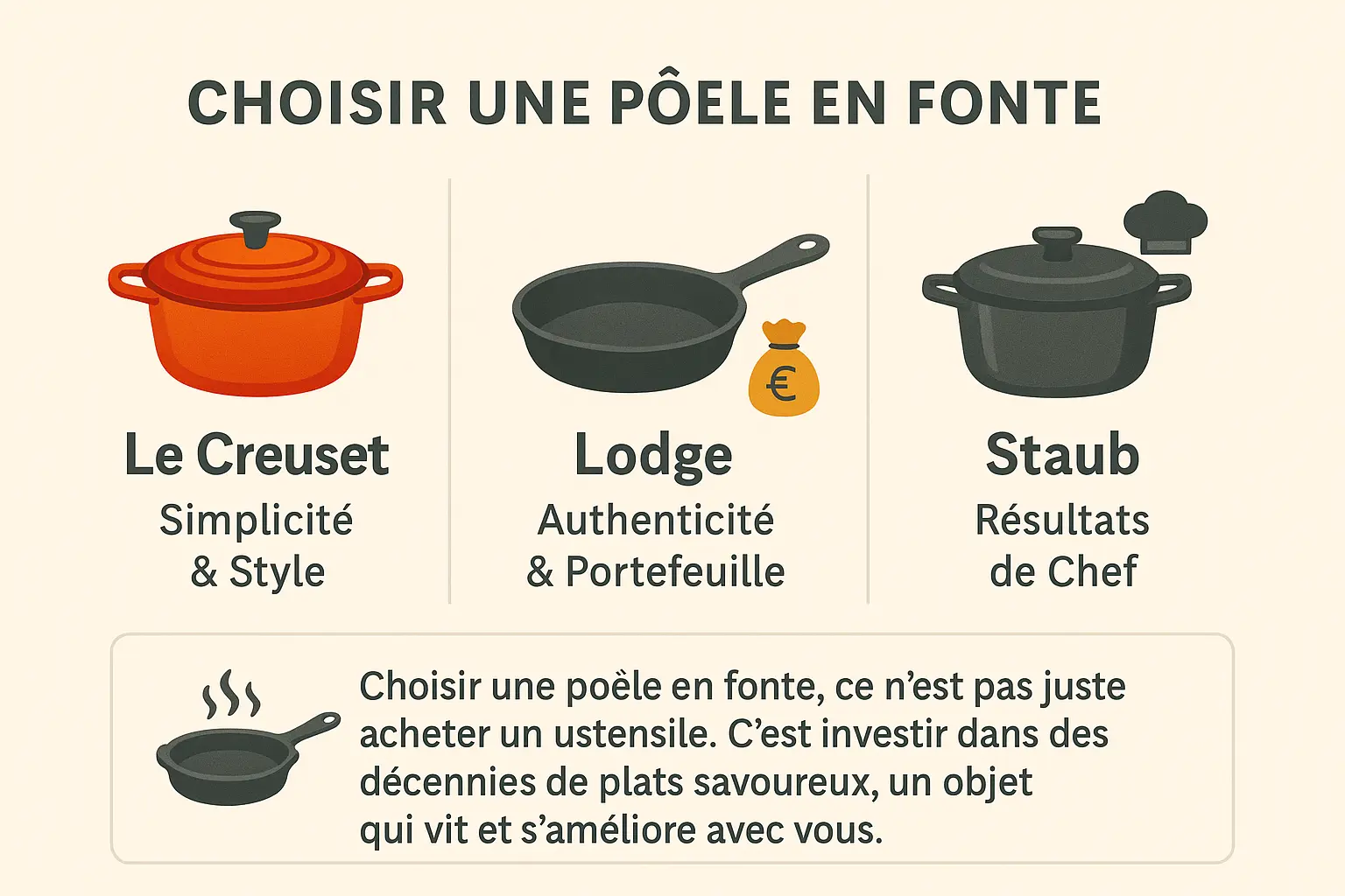 Comparaison visuelle des poêles en fonte Le Creuset, Lodge et Staub