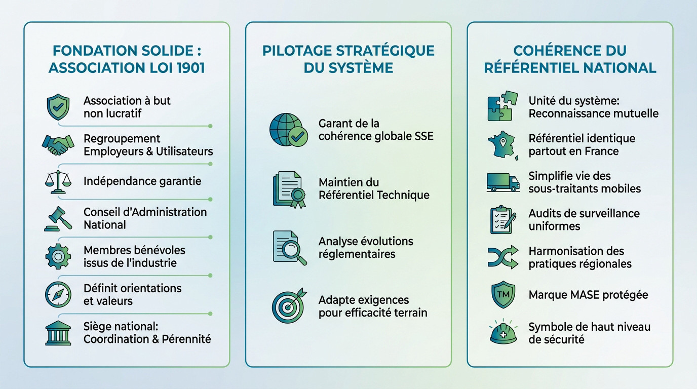 Schéma de l'organisation nationale de l'association MASE montrant la gouvernance et le pilotage