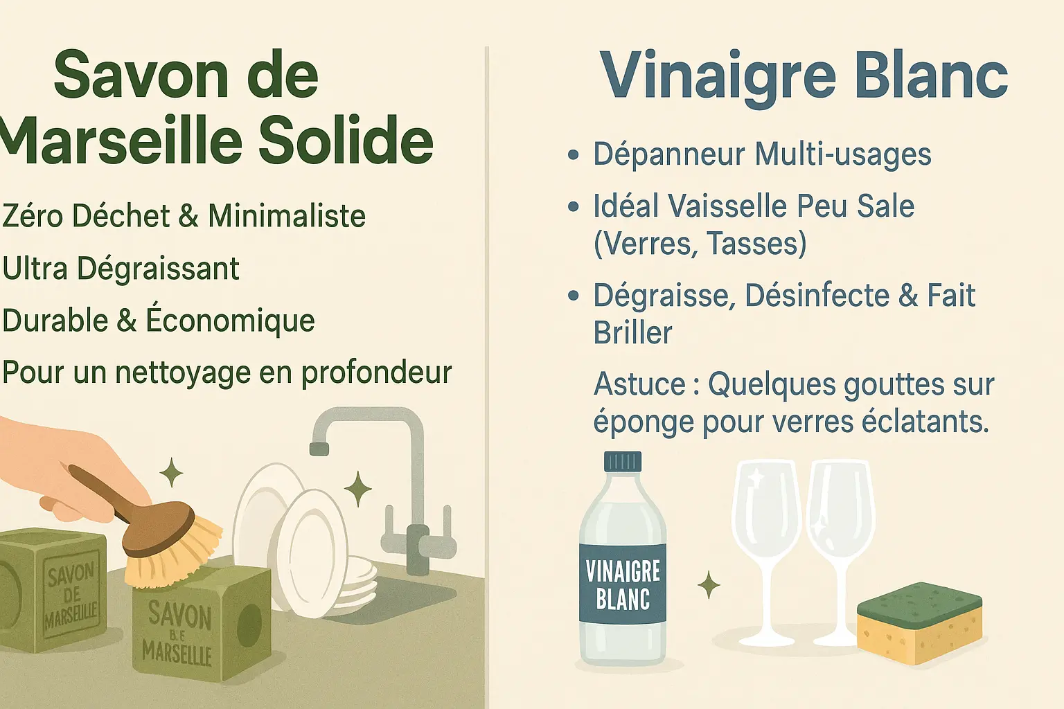 Illustration des alternatives express au liquide vaisselle