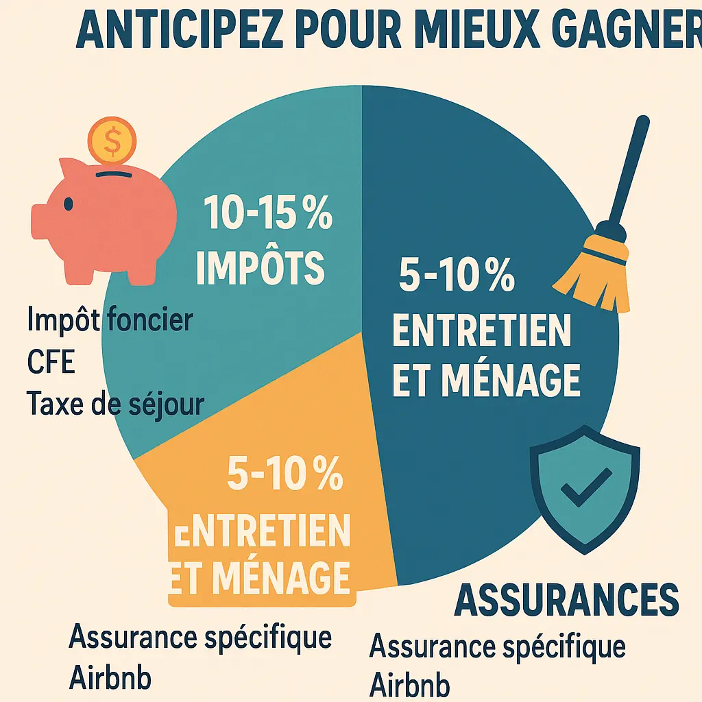 Infographie détaillant les coûts cachés de la location Airbnb :
impôts, entretien, assurances.