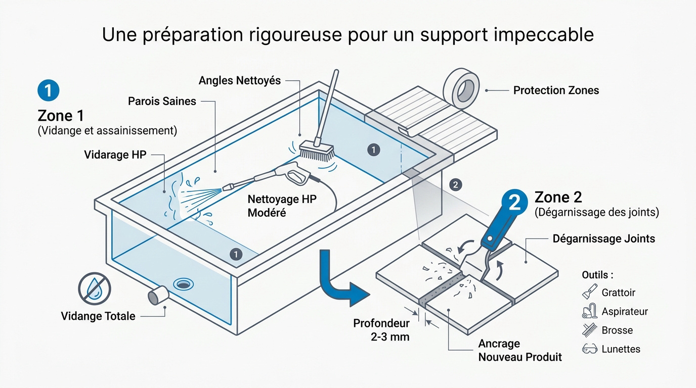 Nettoyage et préparation des parois d'une piscine avant rejointoiement