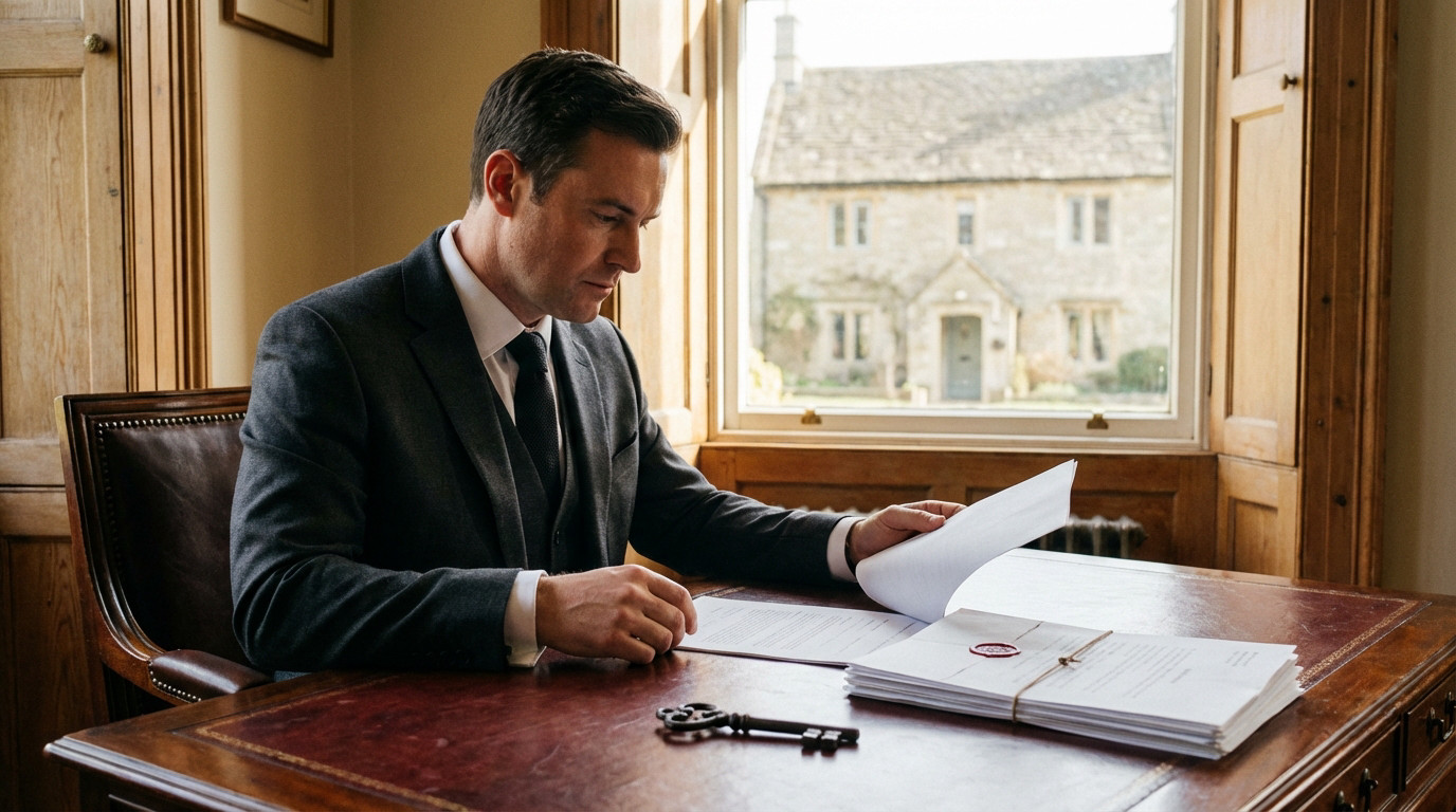 Mains tenant une clé de maison sur des documents juridiques de succession