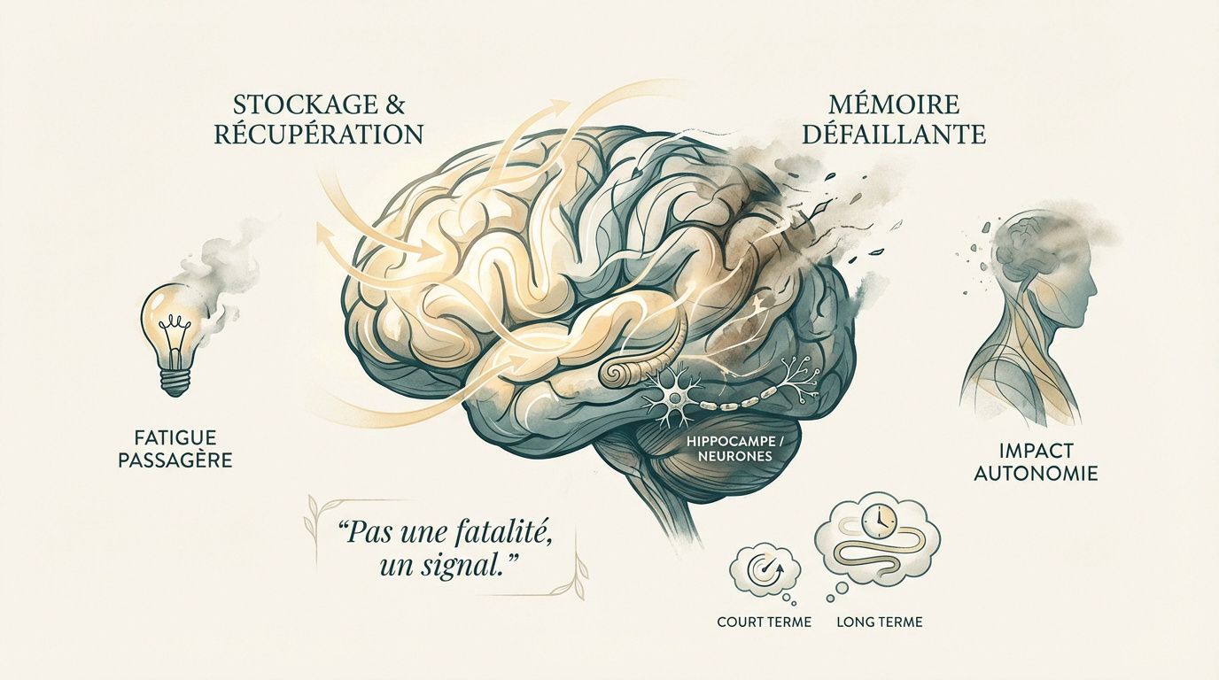 Illustration du cerveau humain montrant les zones de la mémoire et les effets de la fatigue sur l'autonomie cognitive