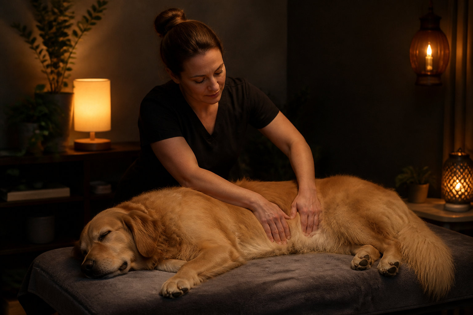 Golden retriever détendu pendant une séance de massage dans une lumière tamisée