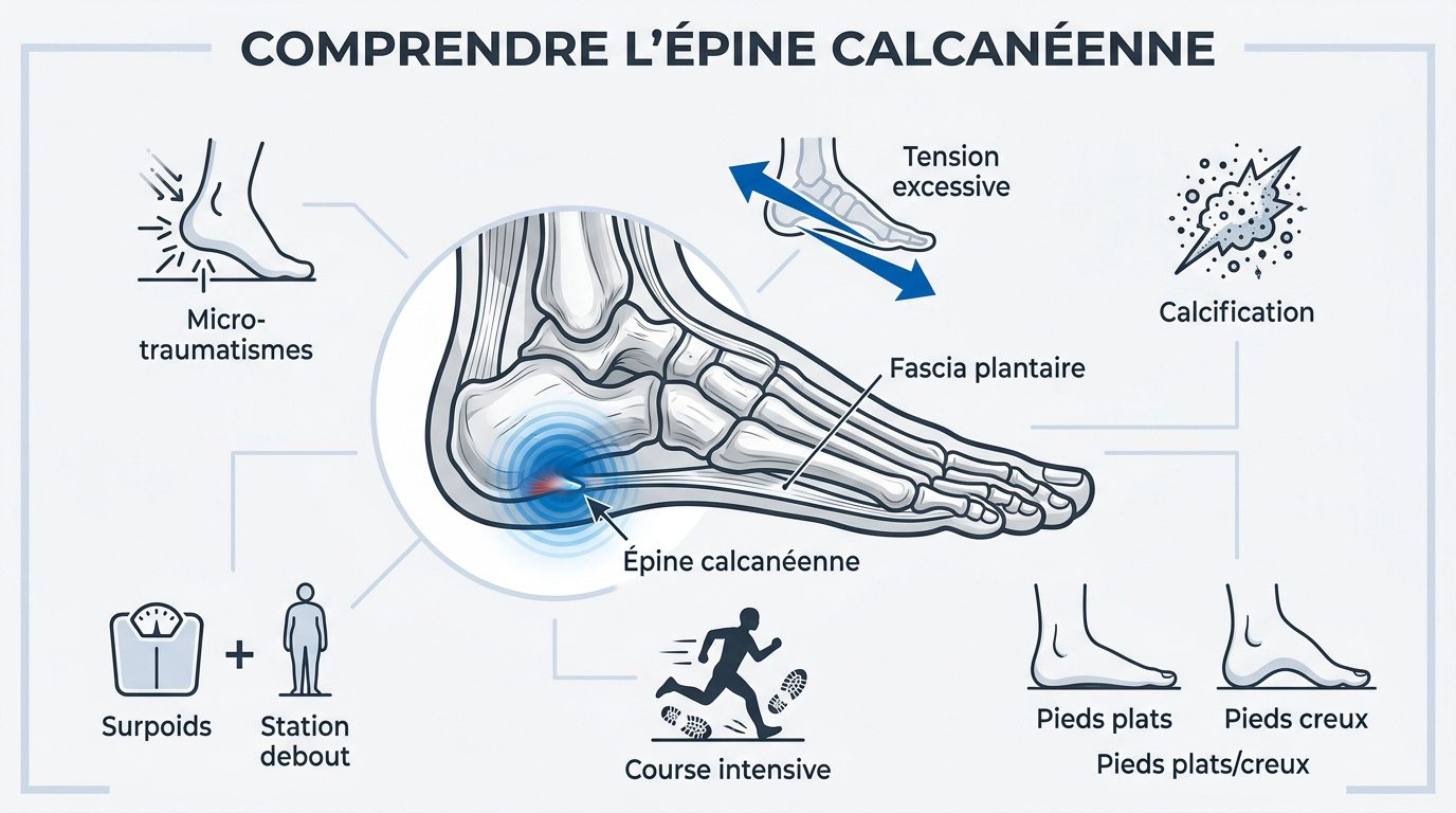 Illustration médicale de la formation d'une épine calcanéenne sous le talon