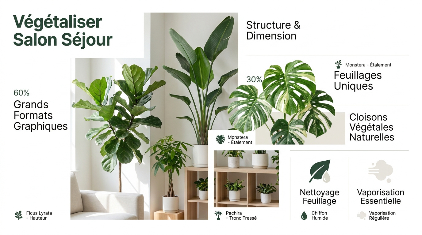 Aménagement de plantes imposantes et graphiques dans un salon lumineux