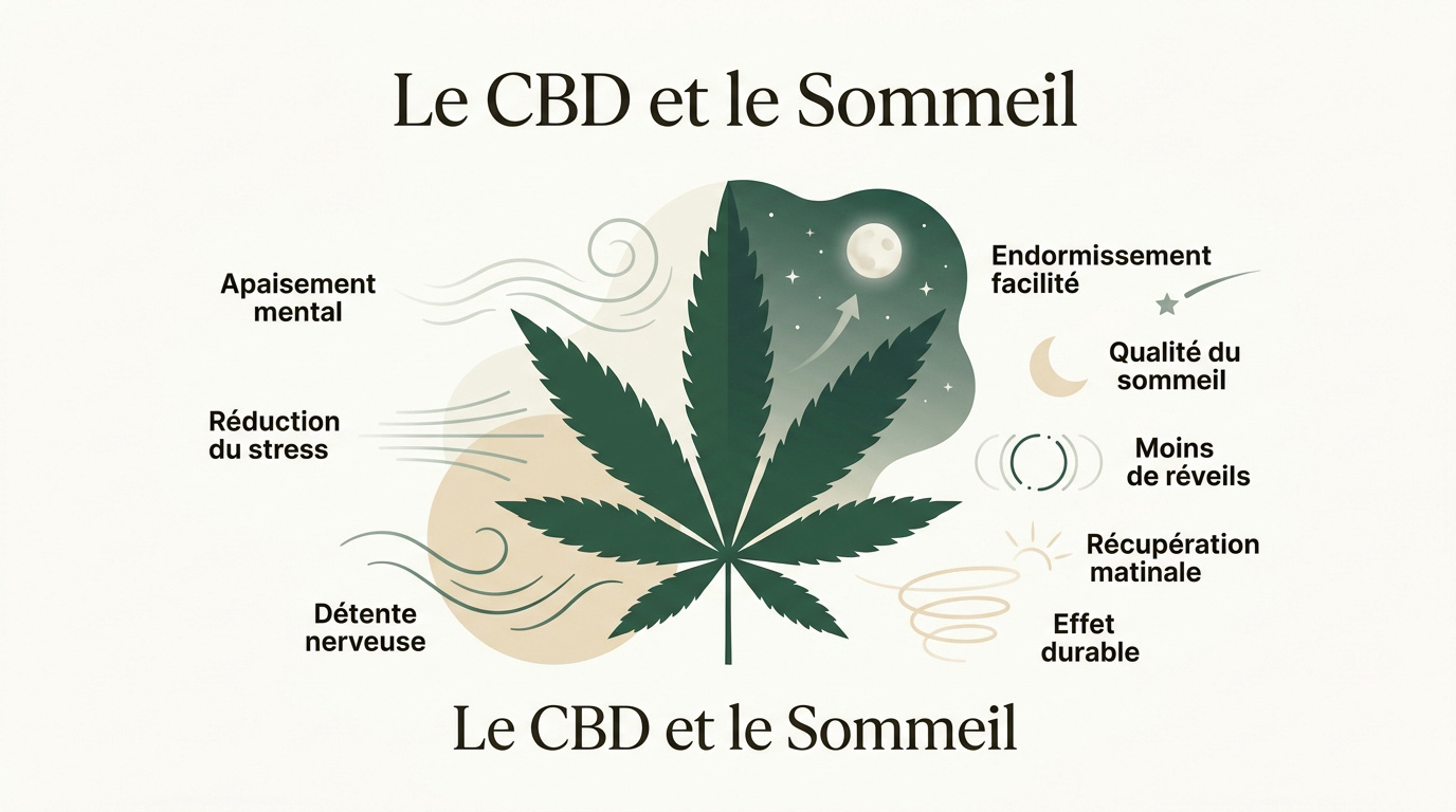 Illustration apaisante montrant l'interaction entre le CBD et la sérénité du sommeil nocturne