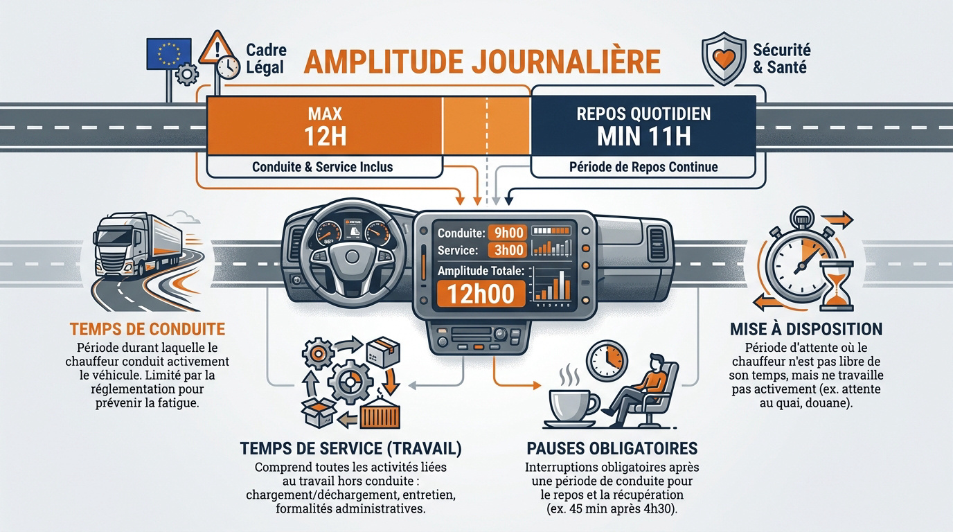 Schéma explicatif de l'amplitude journalière d'un chauffeur routier incluant conduite et repos