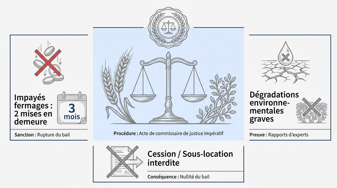 Infographie résumant les fautes du preneur et la procédure de résiliation du bail rural
