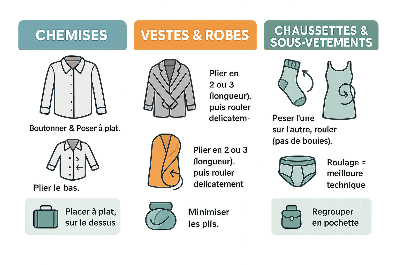 Illustration du pliage efficace des vêtements dans un sac à dos