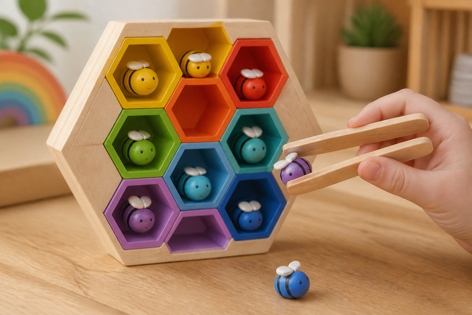 Ruche Montessori en bois : une approche ludique des couleurs