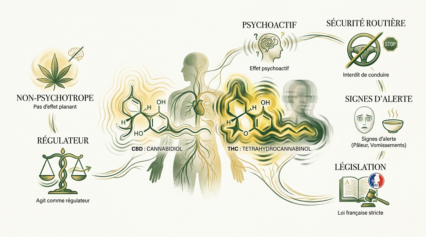 Comparaison visuelle entre les molécules de THC et de CBD et leurs impacts sur la sécurité