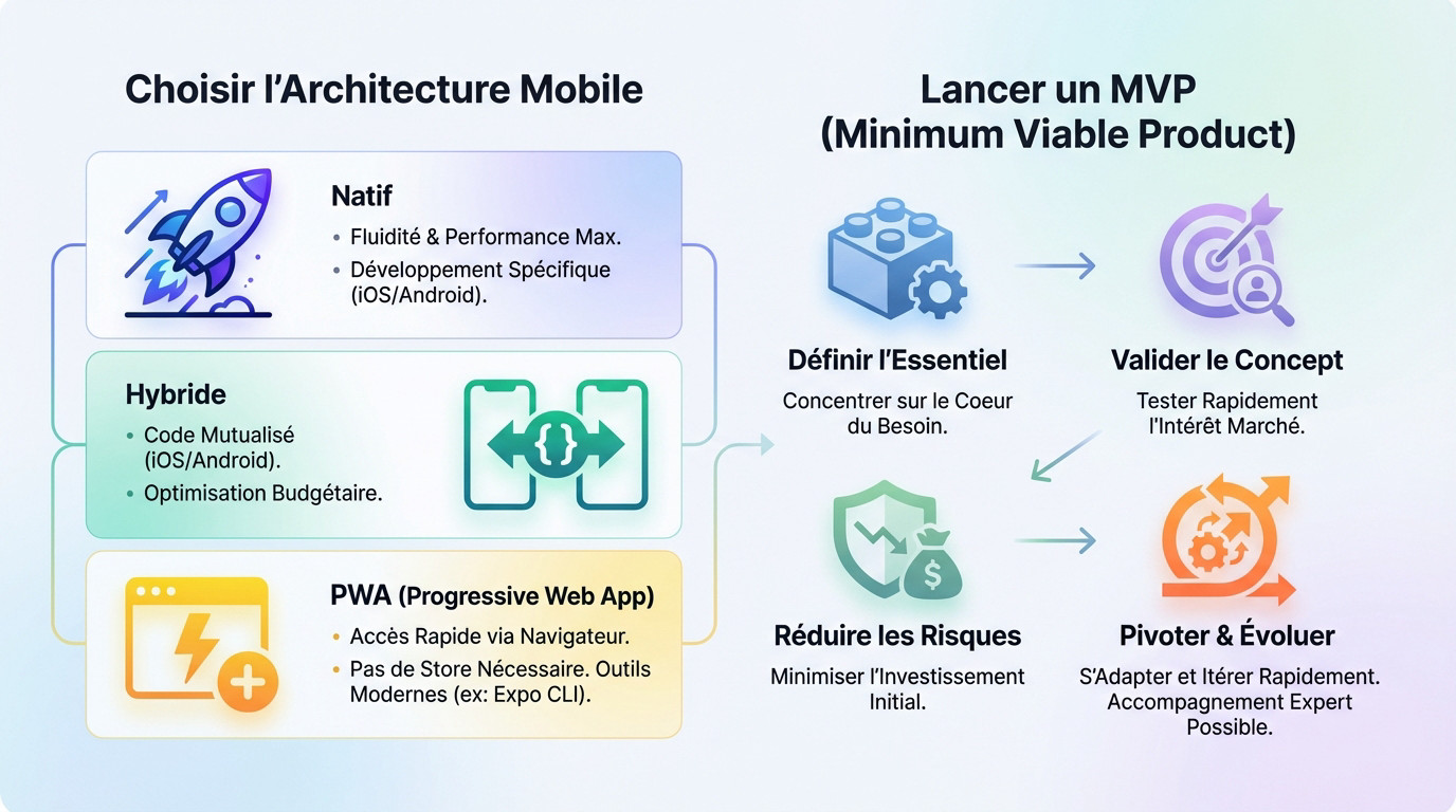 Schéma illustrant le choix d'architecture mobile et le cycle de vie d'un MVP