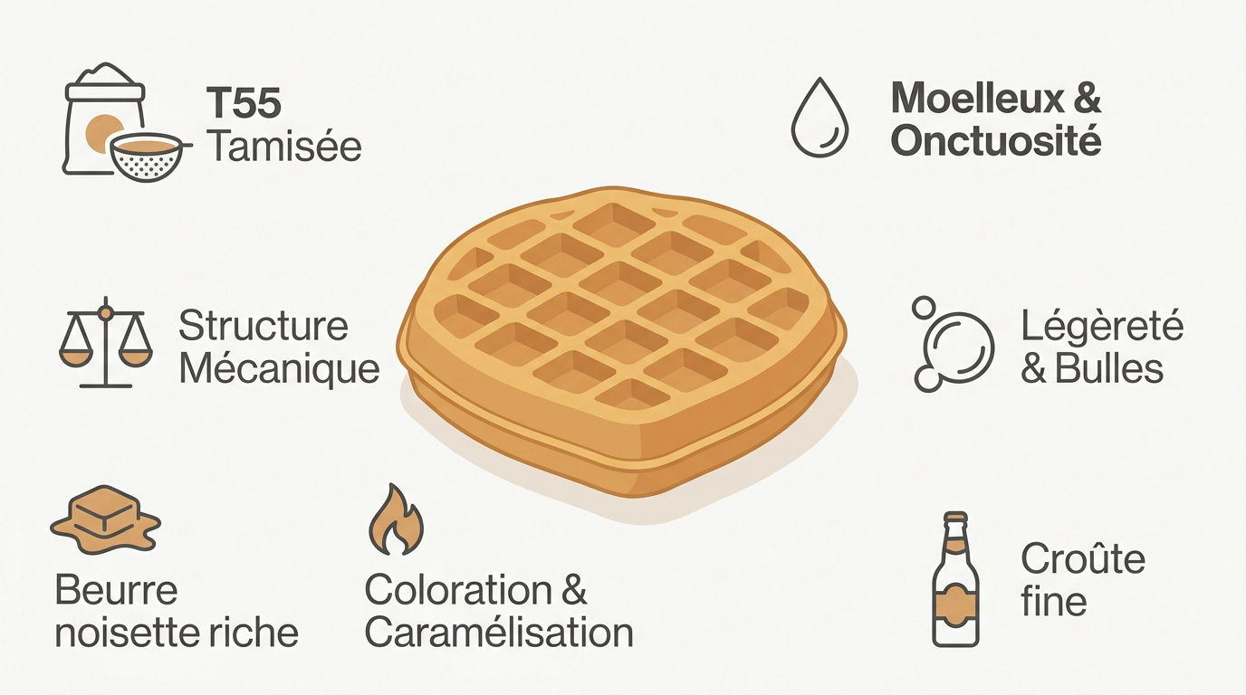 Infographie des ingrédients essentiels pour réussir une recette gaufres croustillantes
