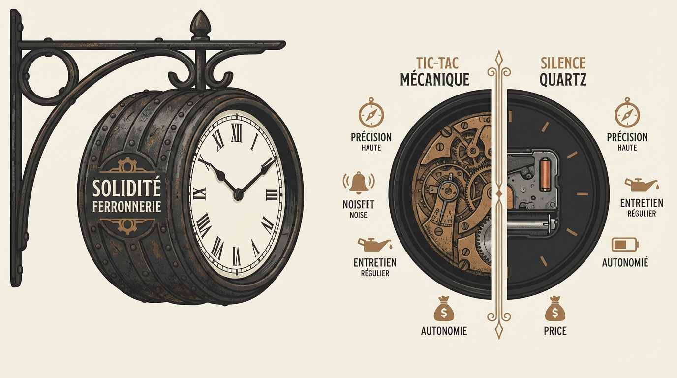 Détail du boîtier double face d'une horloge de gare et de sa potence en fer forgé