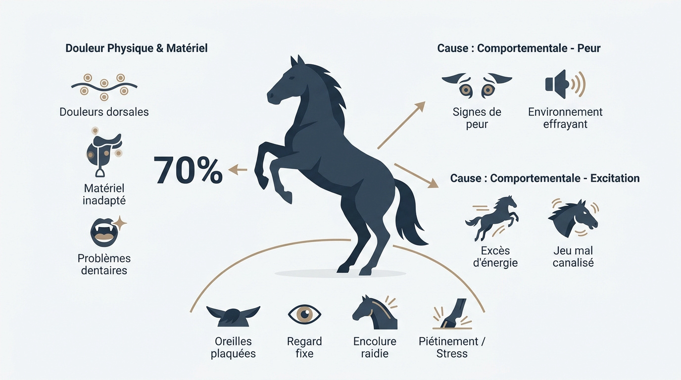 Schéma des causes physiques et comportementales du cabrage chez le cheval