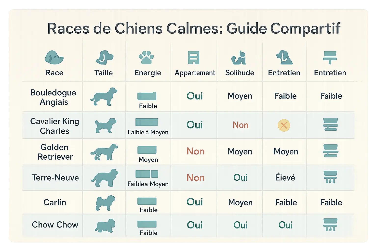 Illustration des races de chiens calmes