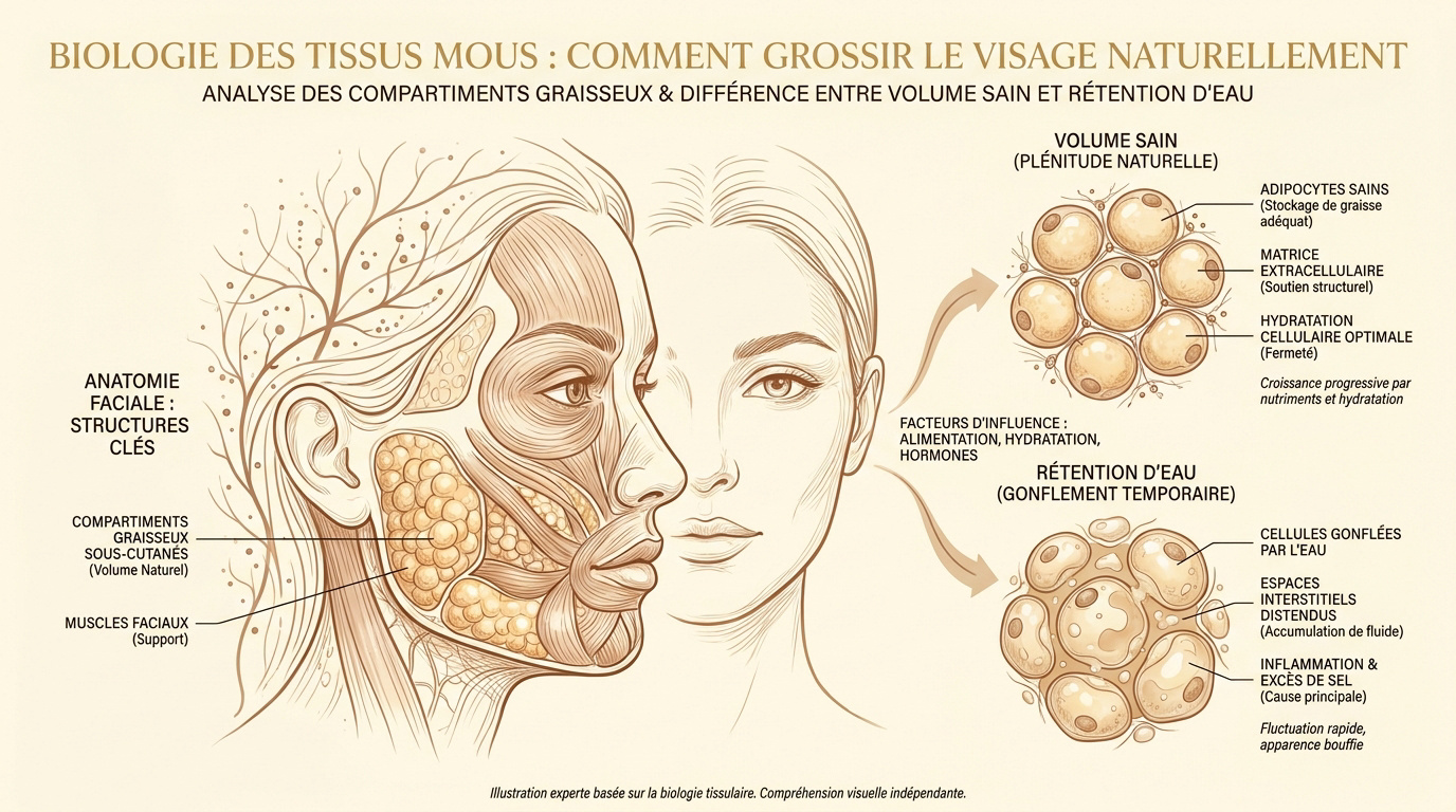 Schéma des compartiments graisseux et musculaires du visage humain pour optimisation du volume