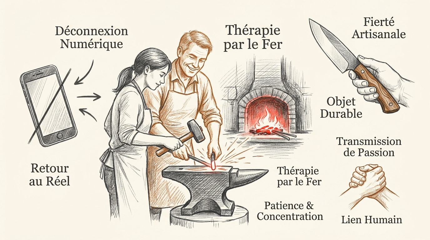 Artisan coutelier travaillant l'acier chaud dans son atelier de forge