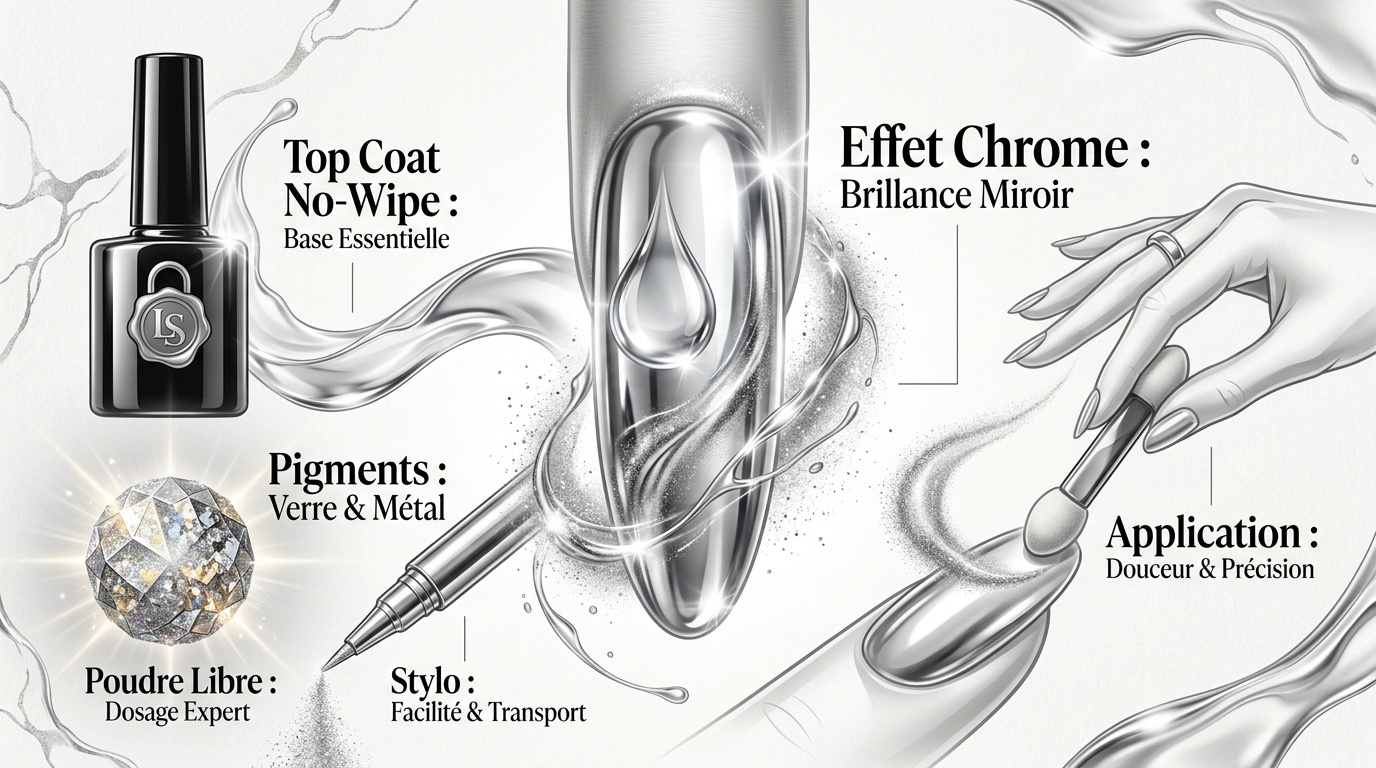 Infographie expliquant l'application des pigments pour un effet chrome miroir sur les ongles