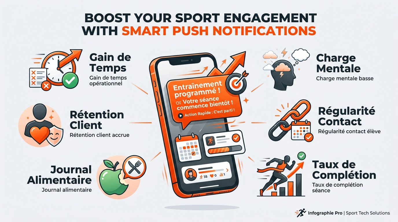 Coach sportif utilisant la programmation d'annonces push sur smartphone pour motiver ses élèves