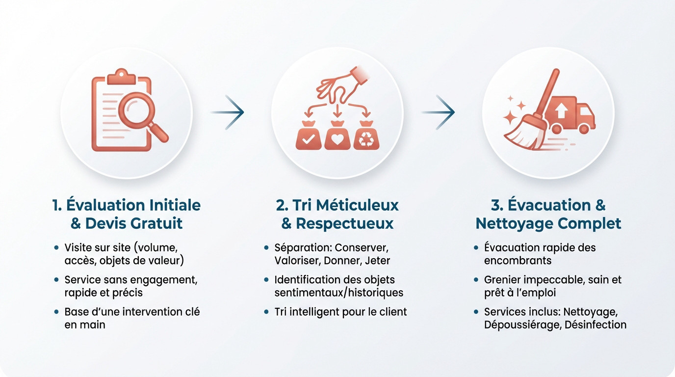 Infographie montrant les 3 étapes du processus de débarras de grenier : évaluation, tri et nettoyage final