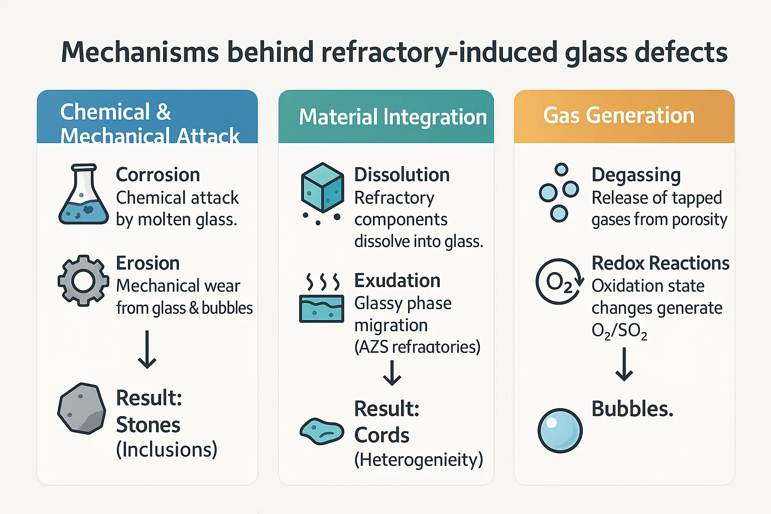 Refractory material degradation and glass defect formation