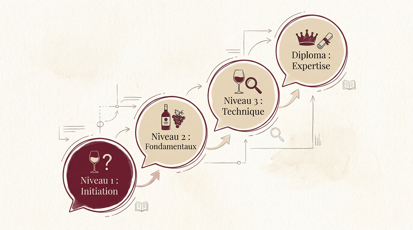 Schéma des quatre niveaux de formation WSET du débutant à l'expert