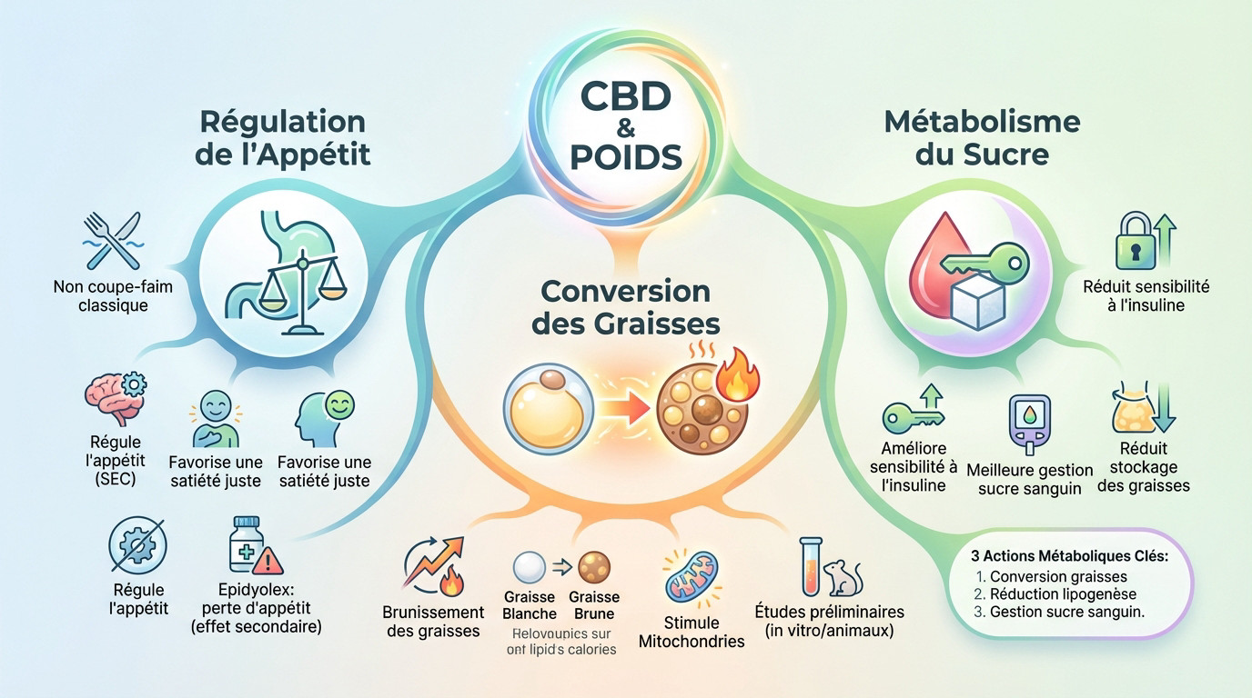Schéma explicatif des mécanismes d'action du CBD sur le métabolisme et les cellules graisseuses