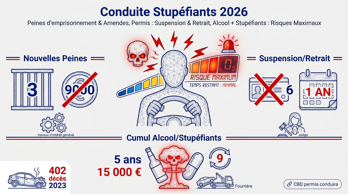Infographie sur les sanctions pénales liées à la conduite sous stupéfiants en France