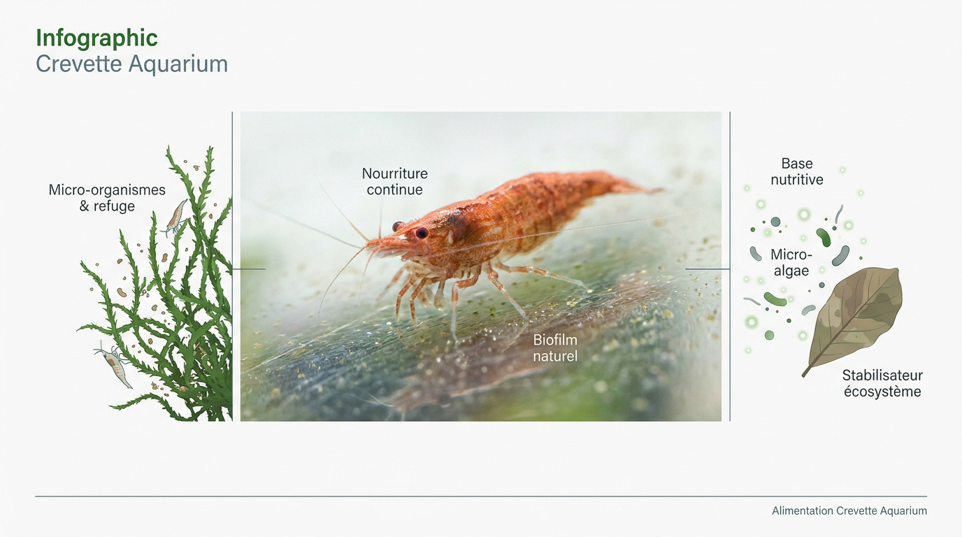 Infographie sur les différents types de nourriture pour crevettes d'aquarium et le biofilm