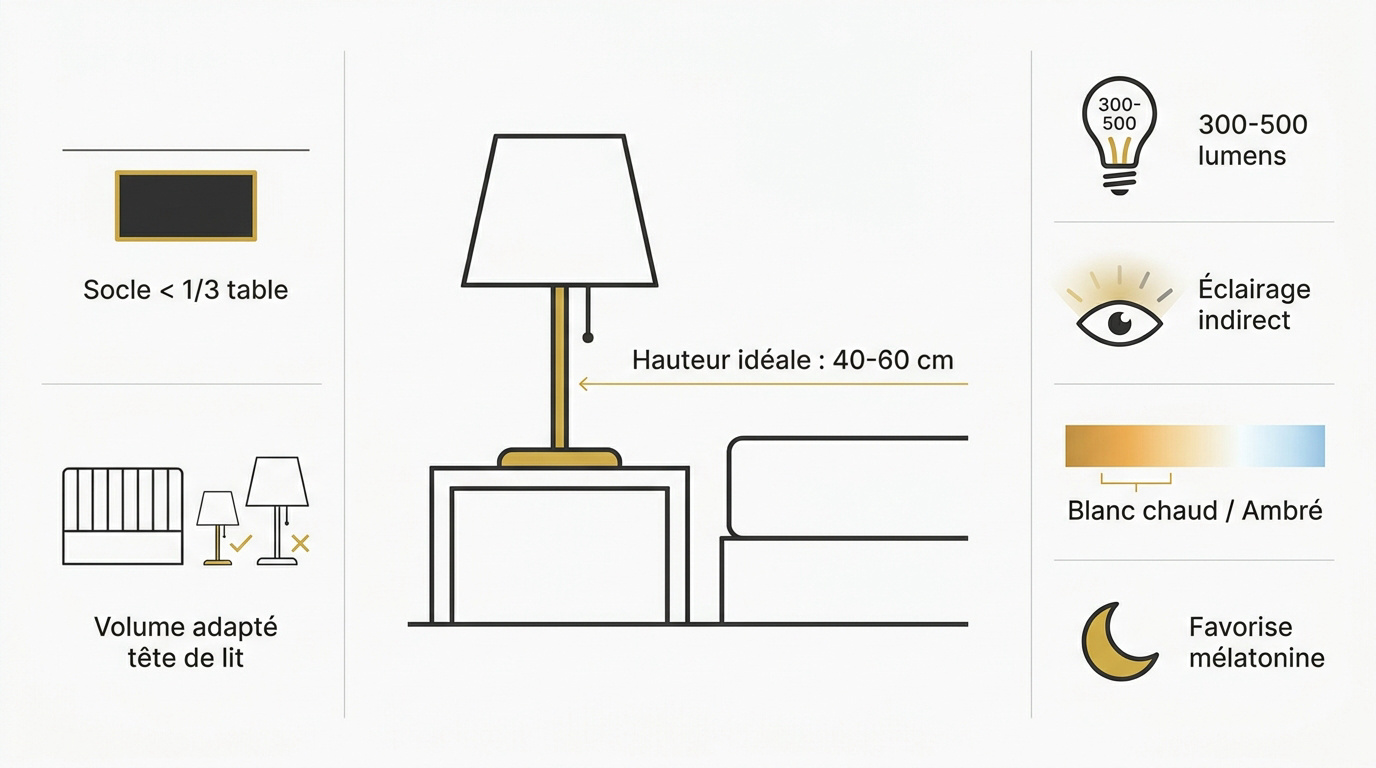 Guide illustré pour choisir les dimensions et l'intensité d'une lampe de chevet dans une chambre