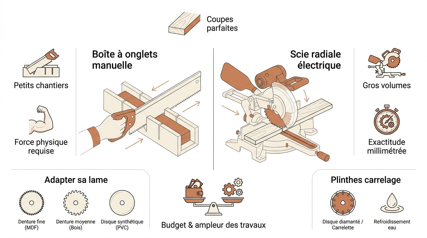 Comparatif entre une boîte à onglets manuelle et une scie radiale électrique pour la découpe de plinthes