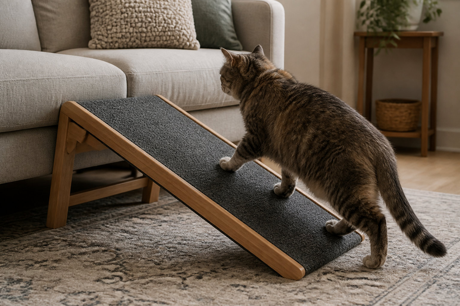 Chat montant une rampe en bois pour accéder au canapé sans effort