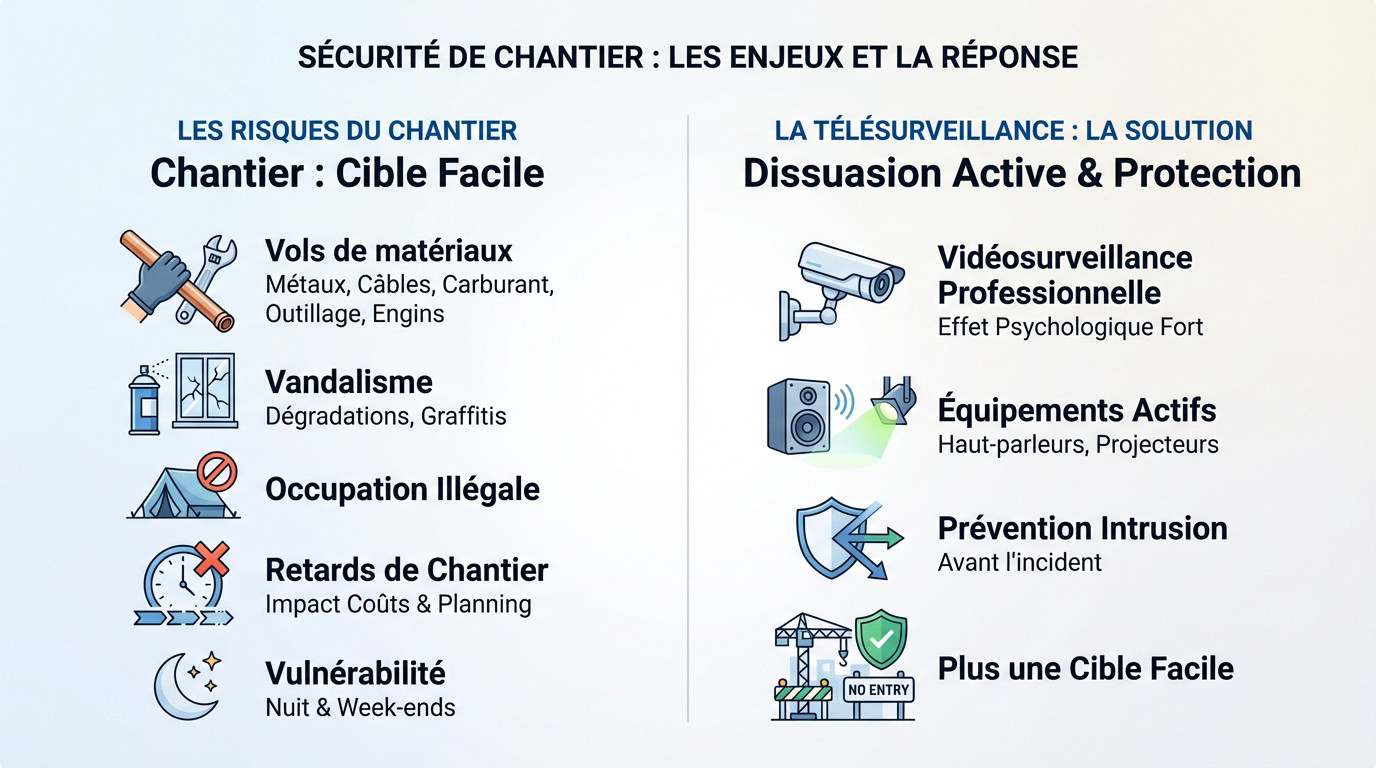 Tour de vidéosurveillance autonome surveillant un chantier de construction pour prévenir les vols de matériaux et les intrusions