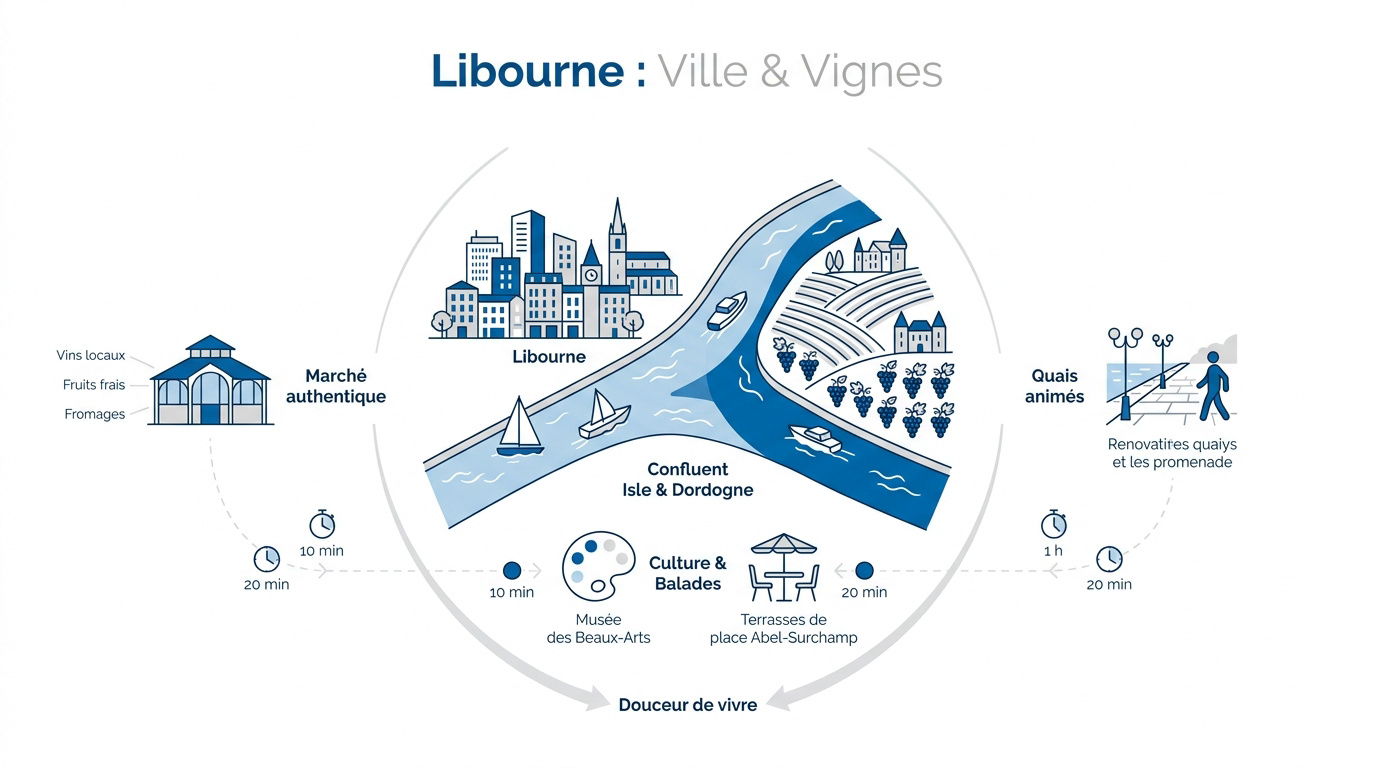 Infographie touristique de la ville de Libourne et ses vignobles