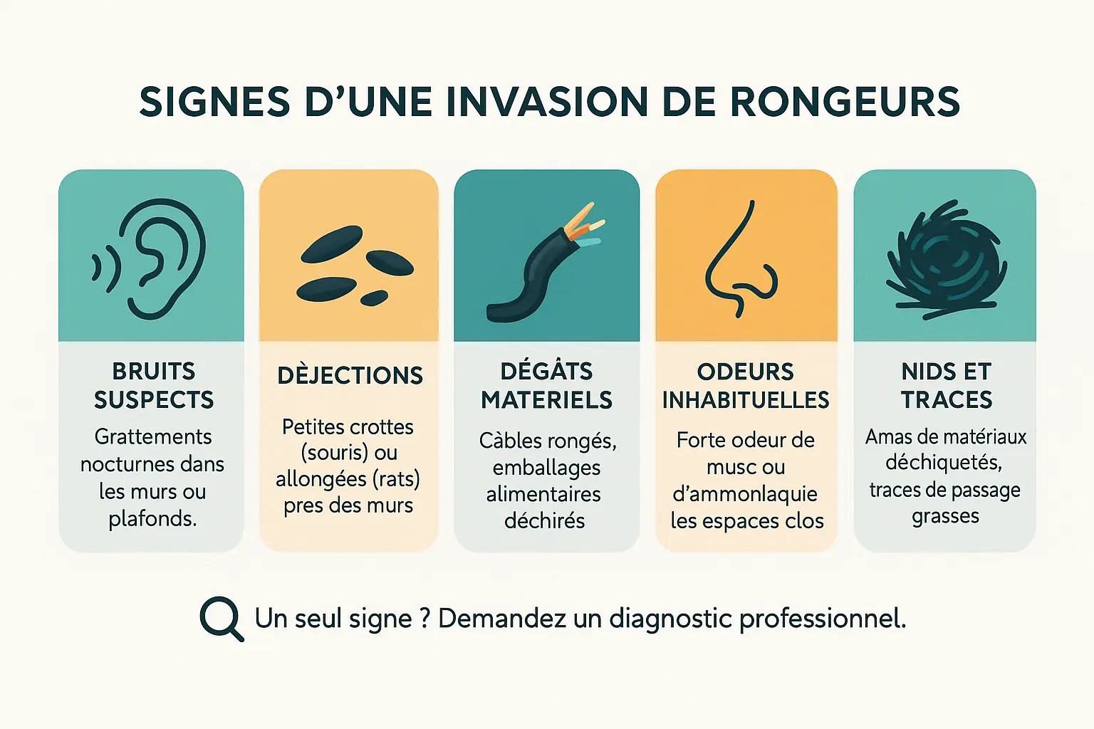 Signes d'une infestation de rongeurs : crottes, dégâts matériels et traces caractéristiques
