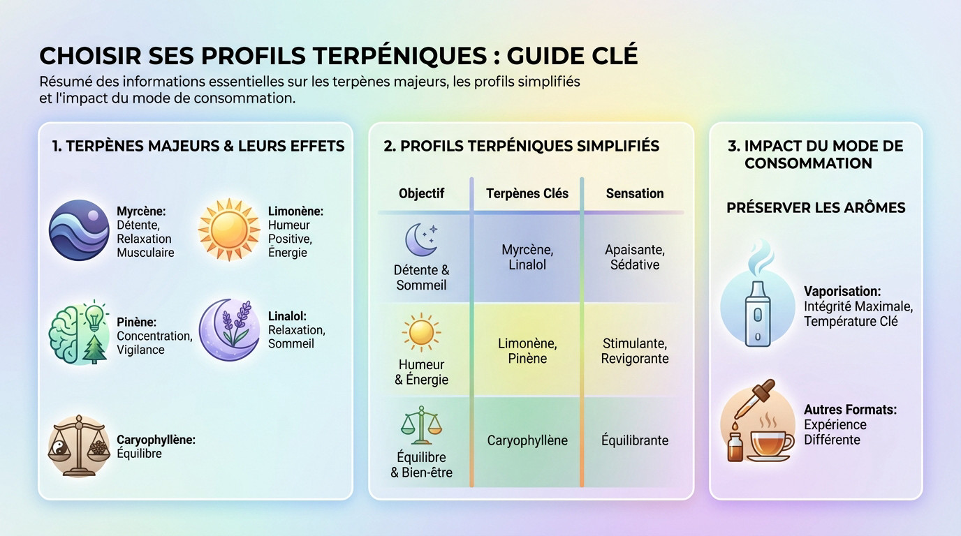 Tableau récapitulatif des profils terpéniques du CBD et modes de consommation