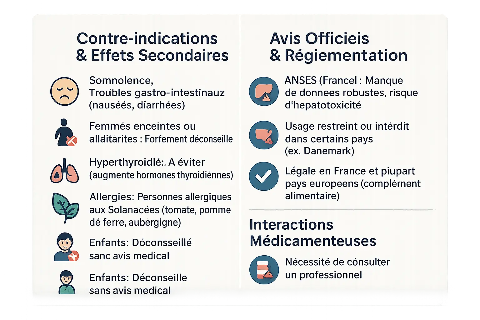 Illustration représentant les précautions d'emploi, risques et statut réglementaire de l'ashwagandha