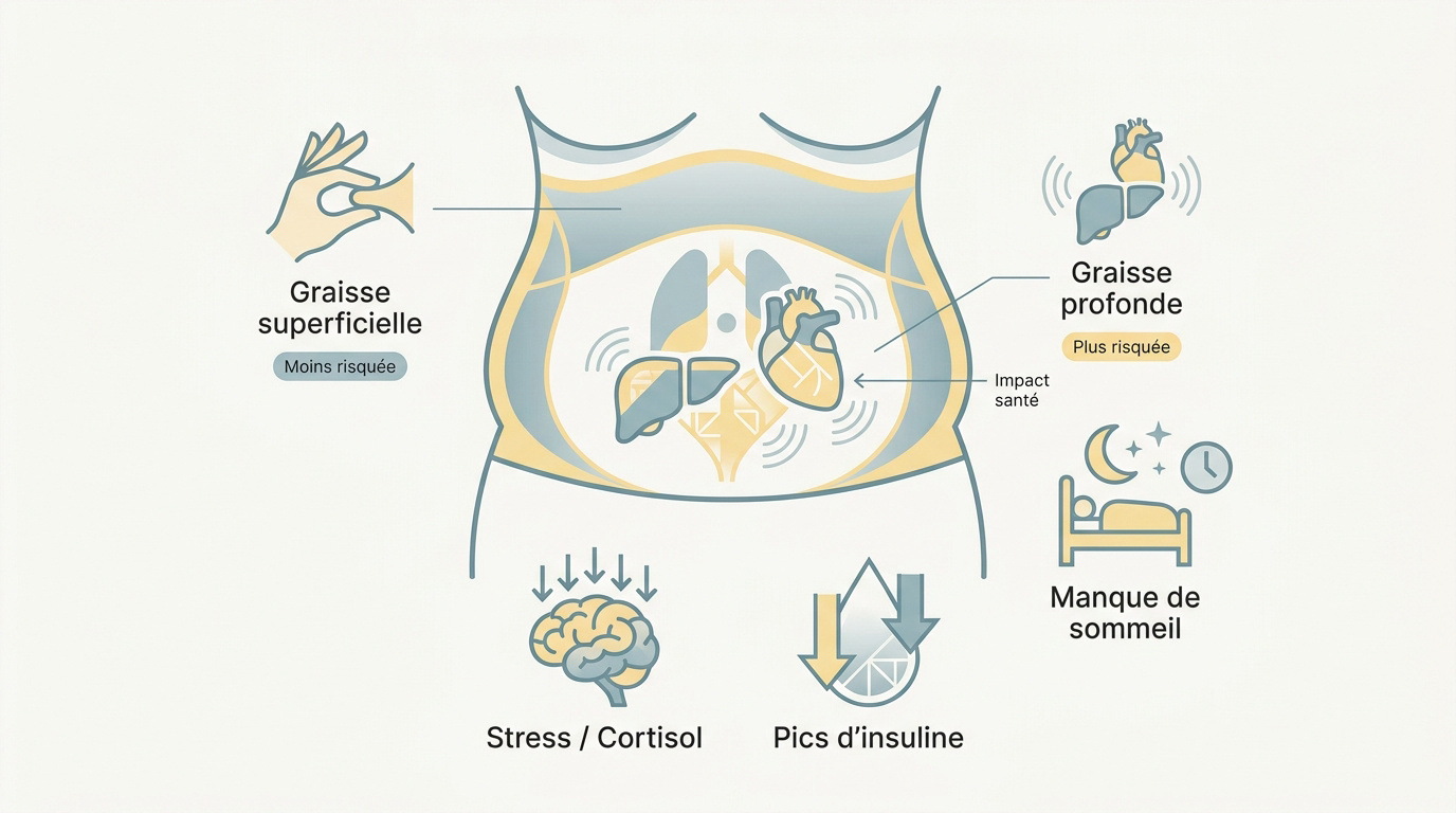 Schéma explicatif comparant la localisation de la graisse sous-cutanée et de la graisse viscérale autour des organes abdominaux