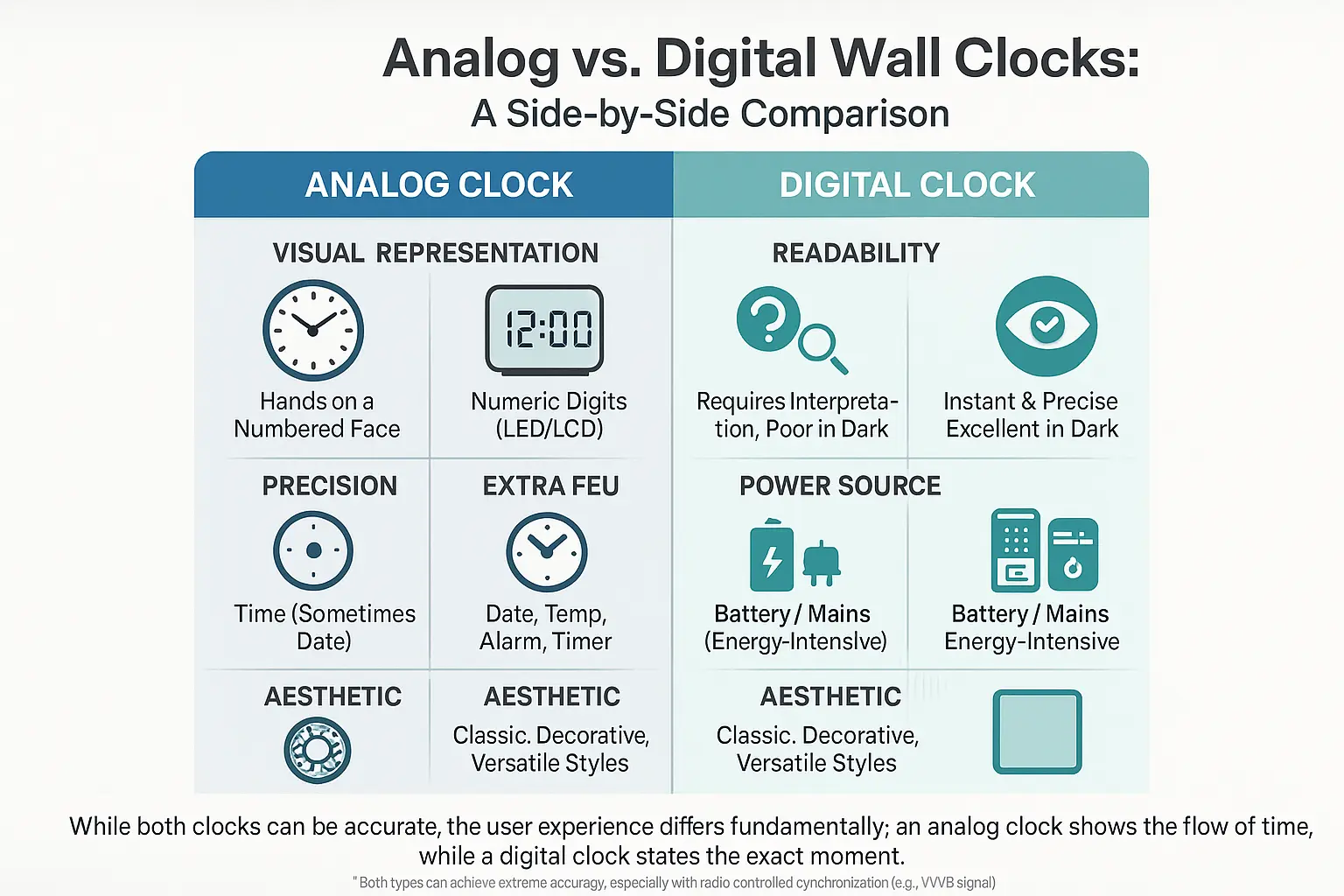 Side-by-side comparison of analog and digital wall clocks