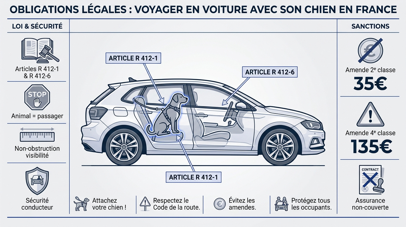 Chien sécurisé avec un harnais attaché à la ceinture de sécurité en voiture
