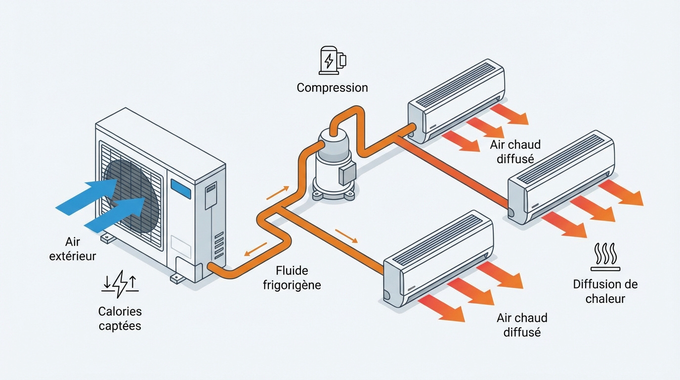 Schéma technique du transfert de calories dans une pompe à chaleur air-air